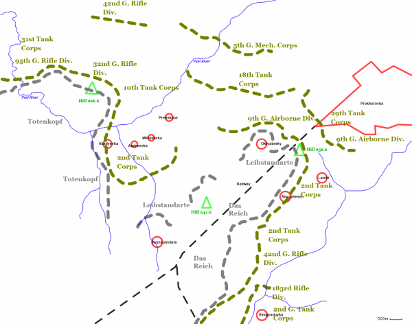 Raspored snaga uveče 11. jula. Sovjetski tenkovi se moraju probiti uskim prolazom između reke i pruge pri čemu Nemci drže brdo. Foto: Wikimedia commons